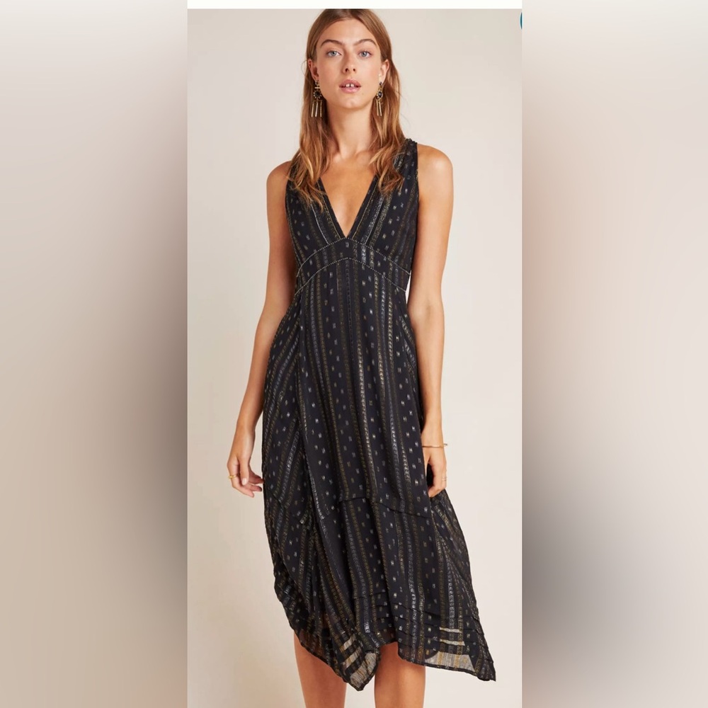 Maeve black and gold midi dress